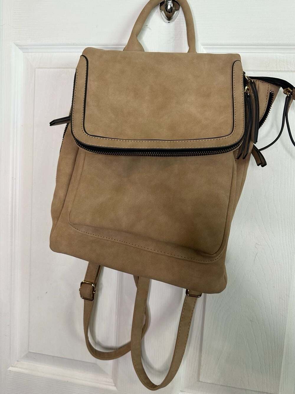 OKPTA Tan Faux Suede Foldover Convertible Backpack Purse